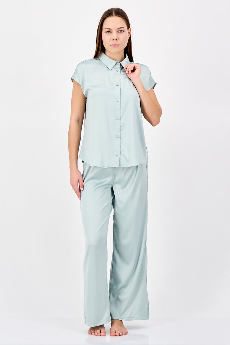 NINE WEST Women 2 Pcs Plain Short Sleeve Shirt And Pajamas Set, Light Sage - Image 1